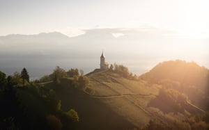Sunrise at Cerkev sv. Primoža in Felicijana, Jamnik, Slovenia